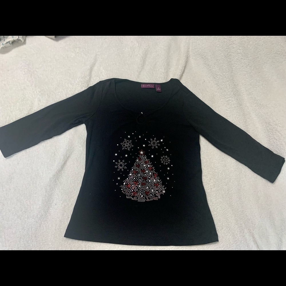 Sparkling rhinestone Christmas tree quarter sleeve top black, medium